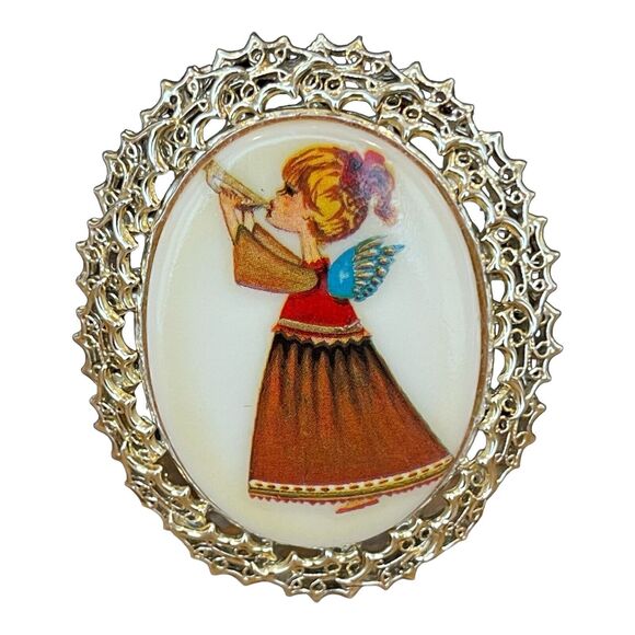 Vtg Tancer II Christmas Angel With Wings Pin Brooch Oval Gold Tone Signed 1970’s - Picture 5 of 6